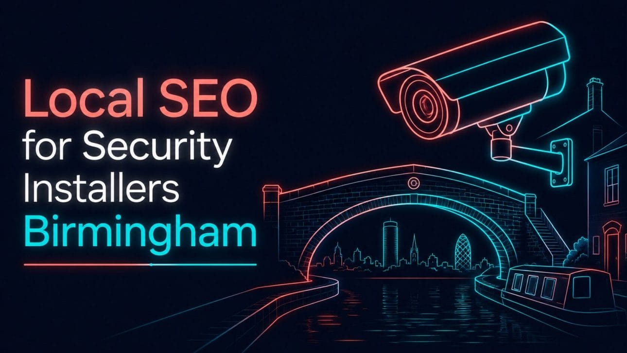Glowing CCTV camera and canal bridge silhouette in neon line art, representing local SEO for security installers in Birmingham.