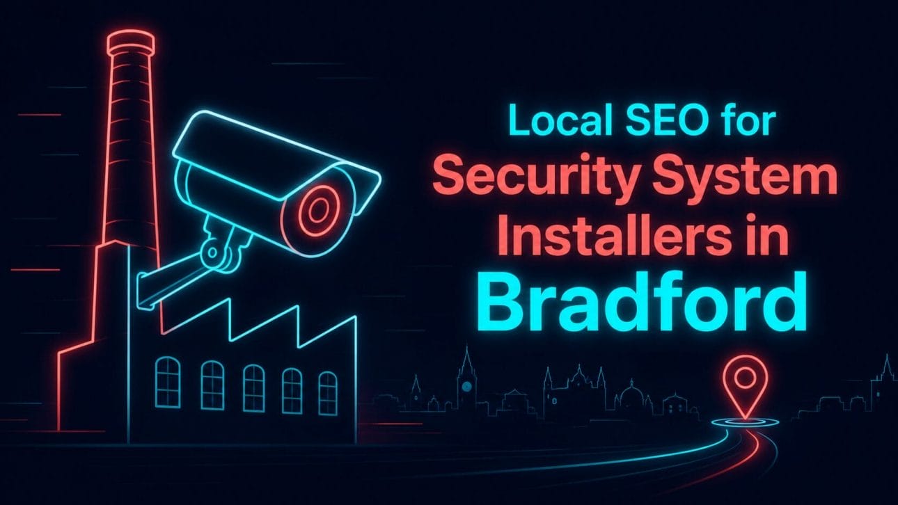 Glowing CCTV camera and mill chimney silhouette in neon line art, representing local SEO for security installers in Bradford.
