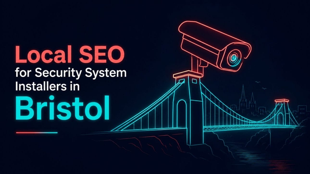 Glowing CCTV camera and suspension bridge silhouette in neon line art, representing local SEO for security installers in Bristol.