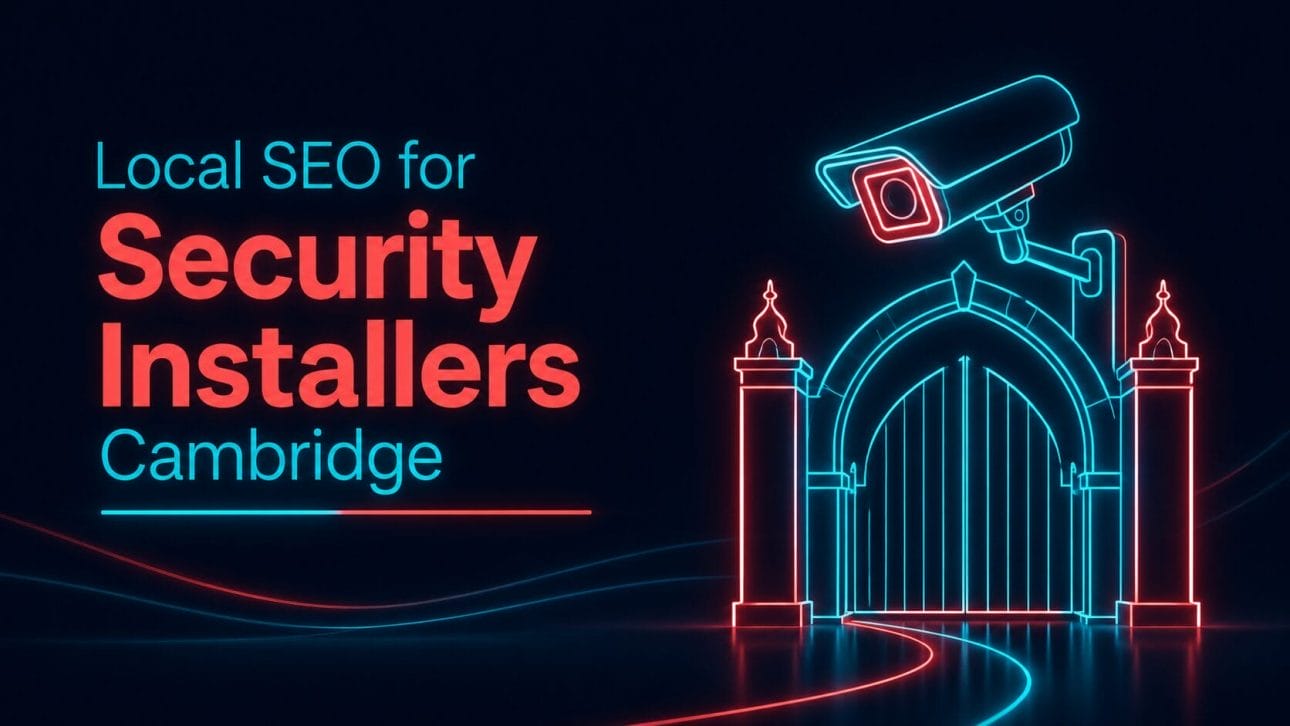 Glowing CCTV camera and college gate silhouette in neon line art, representing local SEO for security installers in Cambridge.