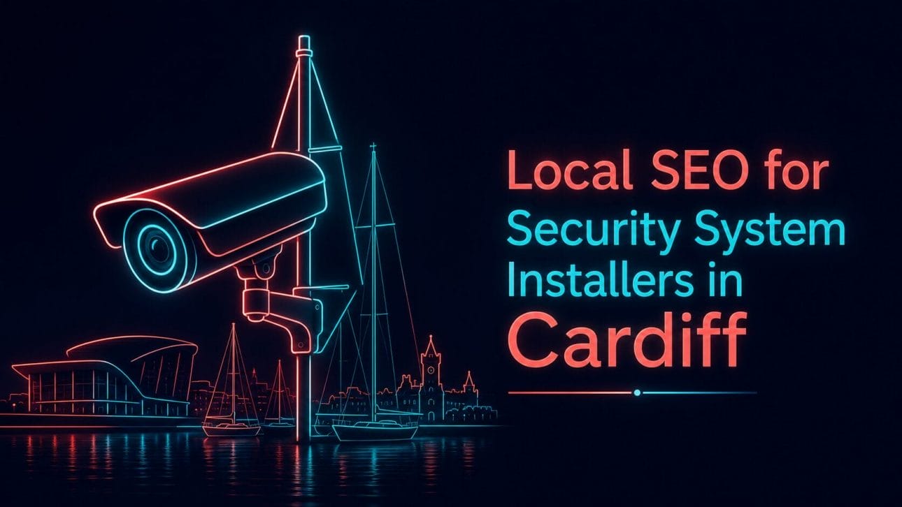 Glowing CCTV camera and waterfront marina mast silhouette in neon line art, representing local SEO for security installers in Cardiff.