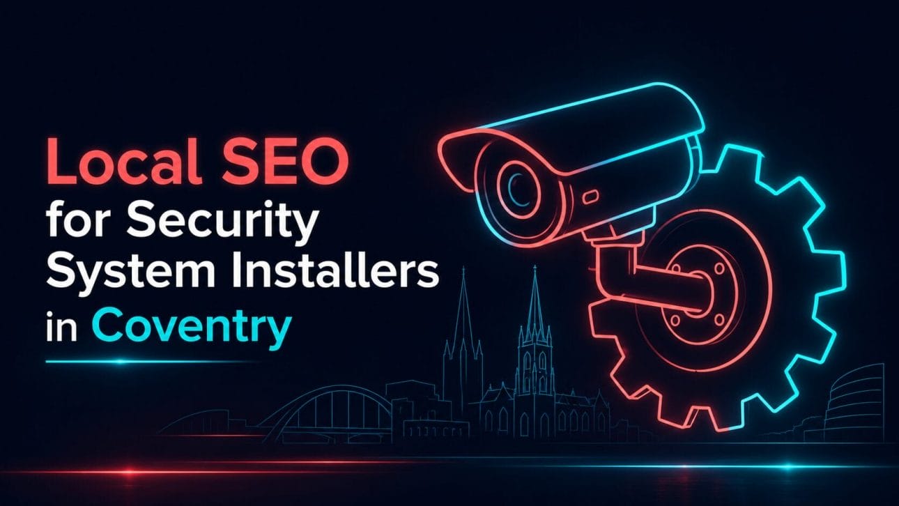 Glowing CCTV camera and gear cog silhouette in neon line art, representing local SEO for security installers in Coventry.