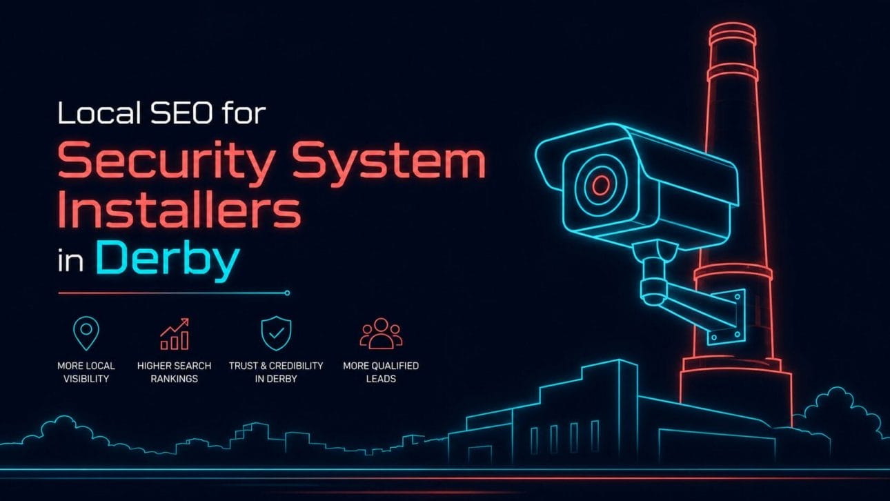 Glowing CCTV camera and engineering works chimney silhouette in neon line art, representing local SEO for security installers in Derby.