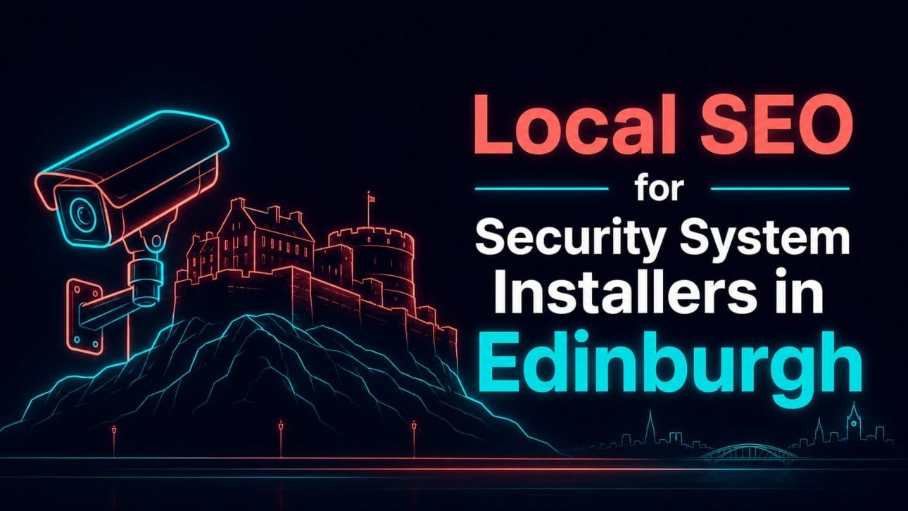 Glowing CCTV camera and castle rock skyline silhouette in neon line art, representing local SEO for security installers in Edinburgh.