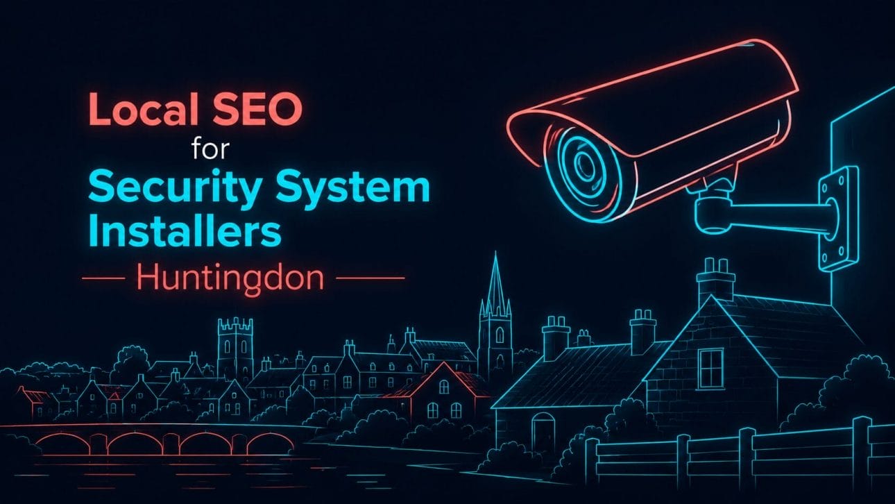 Glowing CCTV camera and market town rooftop silhouette in neon line art, representing local SEO for security installers in Huntingdon.