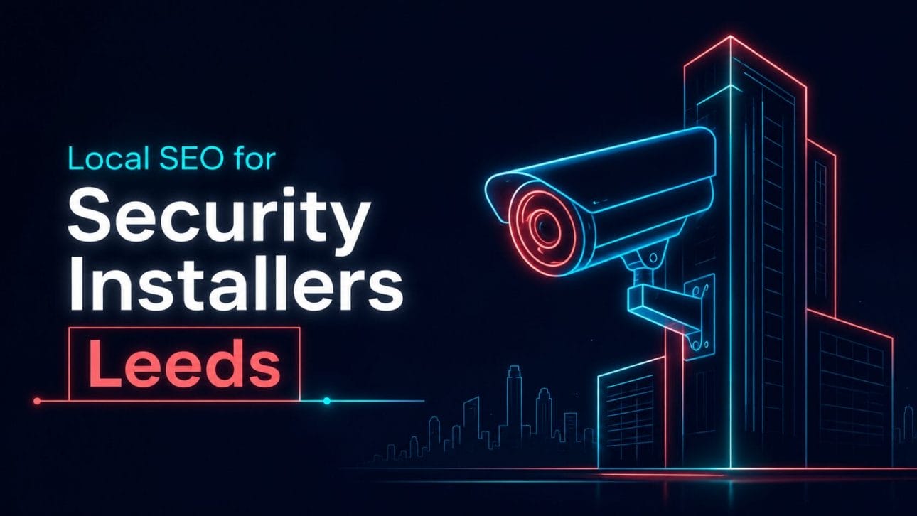 Glowing CCTV camera and office tower silhouette in neon line art, representing local SEO for security installers in Leeds.