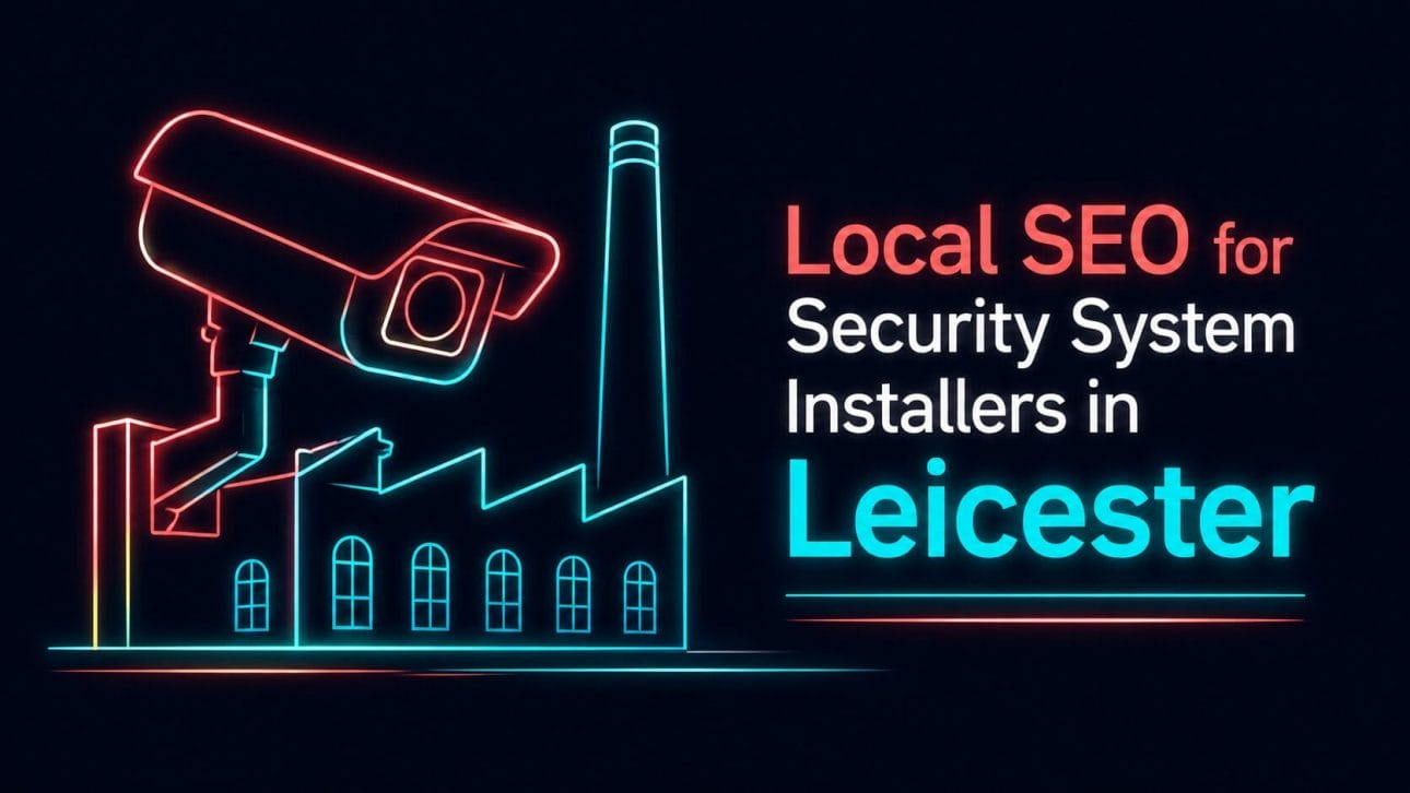Glowing CCTV camera and textile mill silhouette in neon line art, representing local SEO for security installers in Leicester.