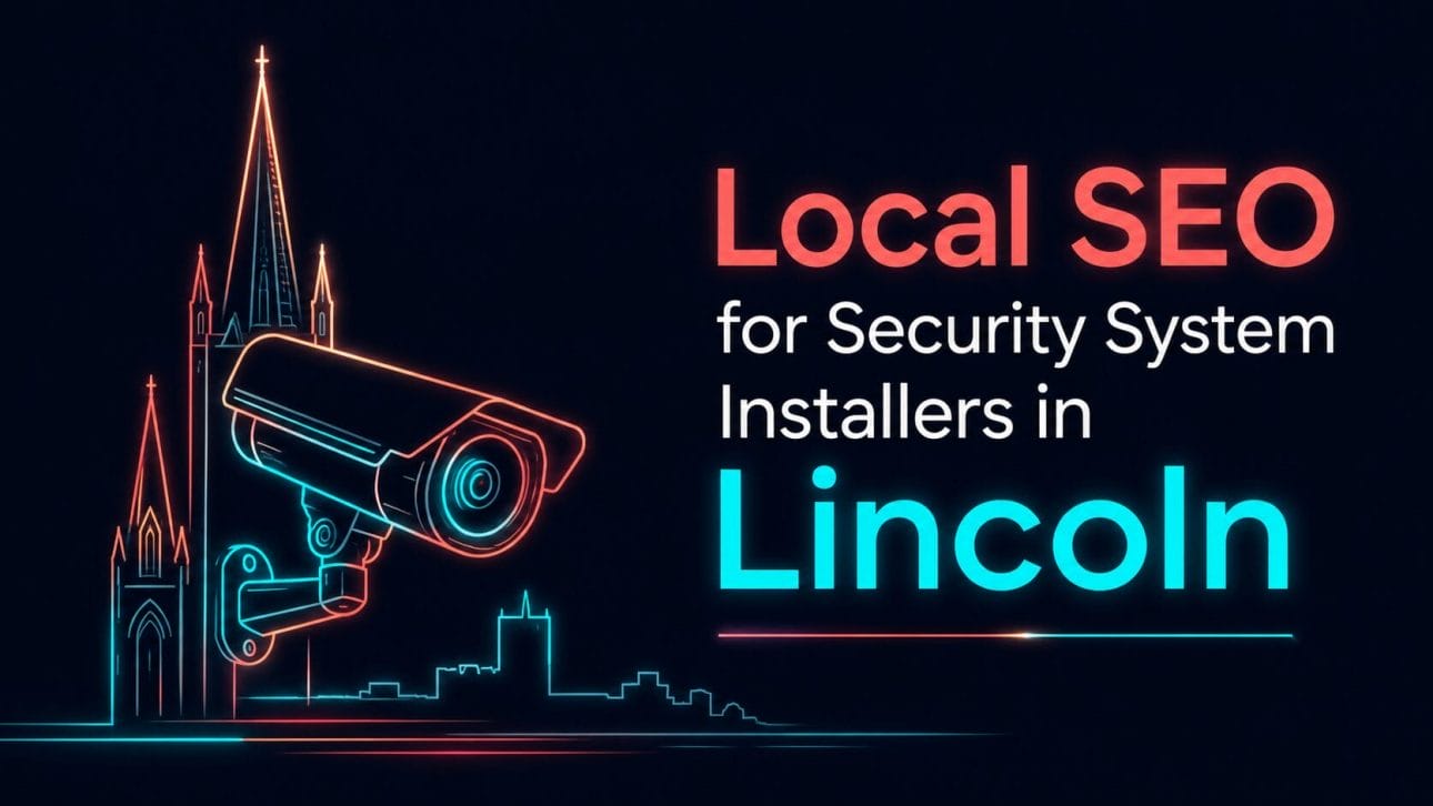 Glowing CCTV camera and cathedral spire silhouette in neon line art, representing local SEO for security installers in Lincoln.