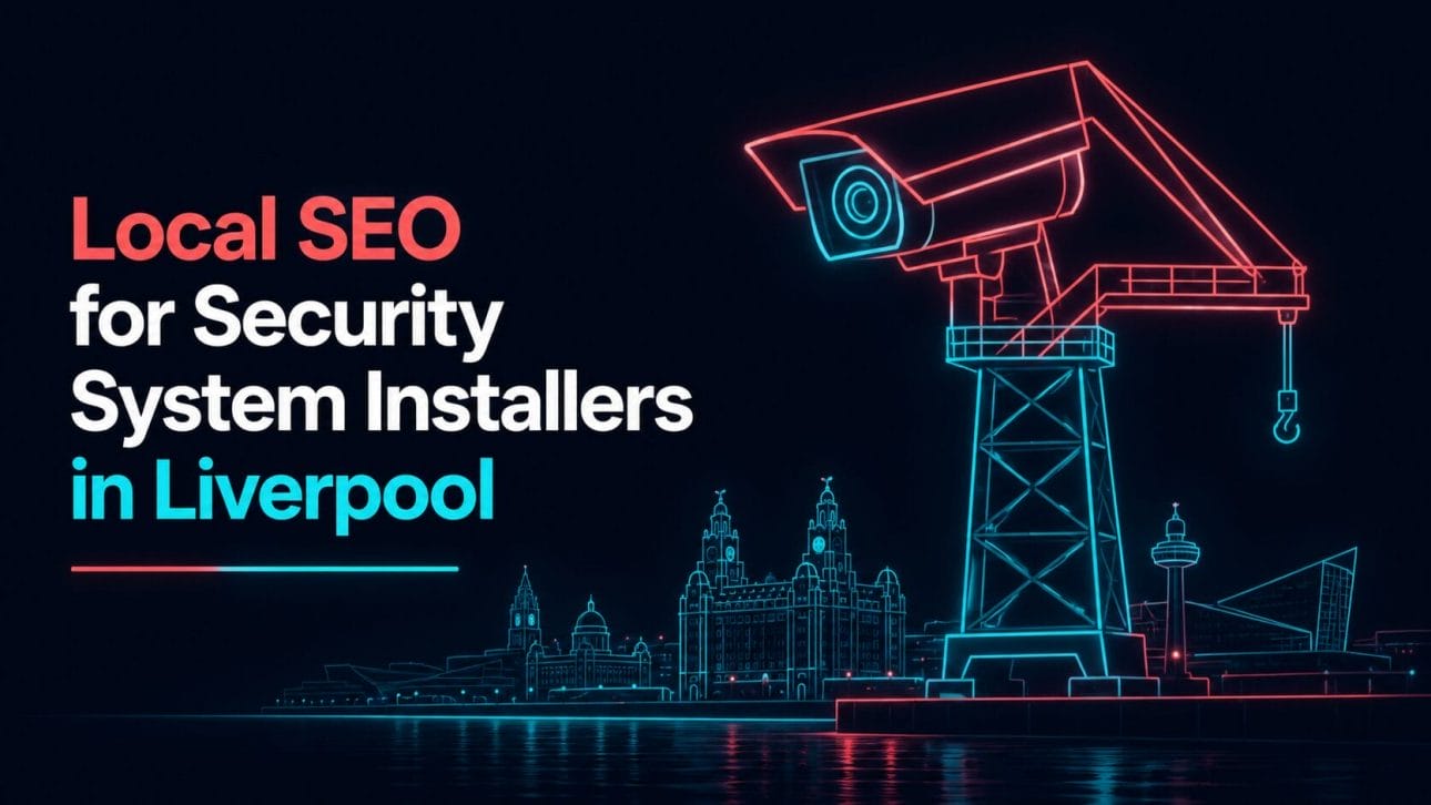 Glowing CCTV camera and dockside crane silhouette in neon line art, representing local SEO for security installers in Liverpool.