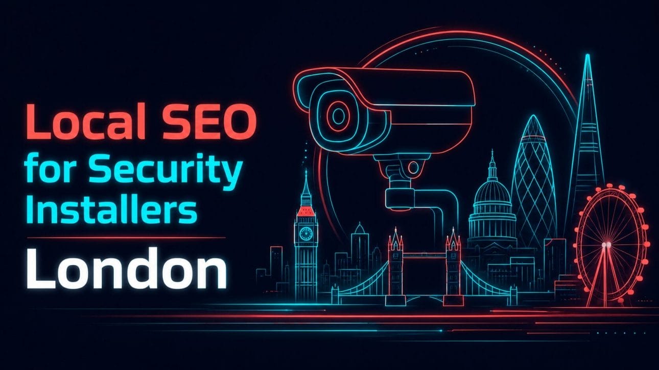 Glowing CCTV camera and city skyline silhouette in neon line art, representing local SEO for security installers in London.