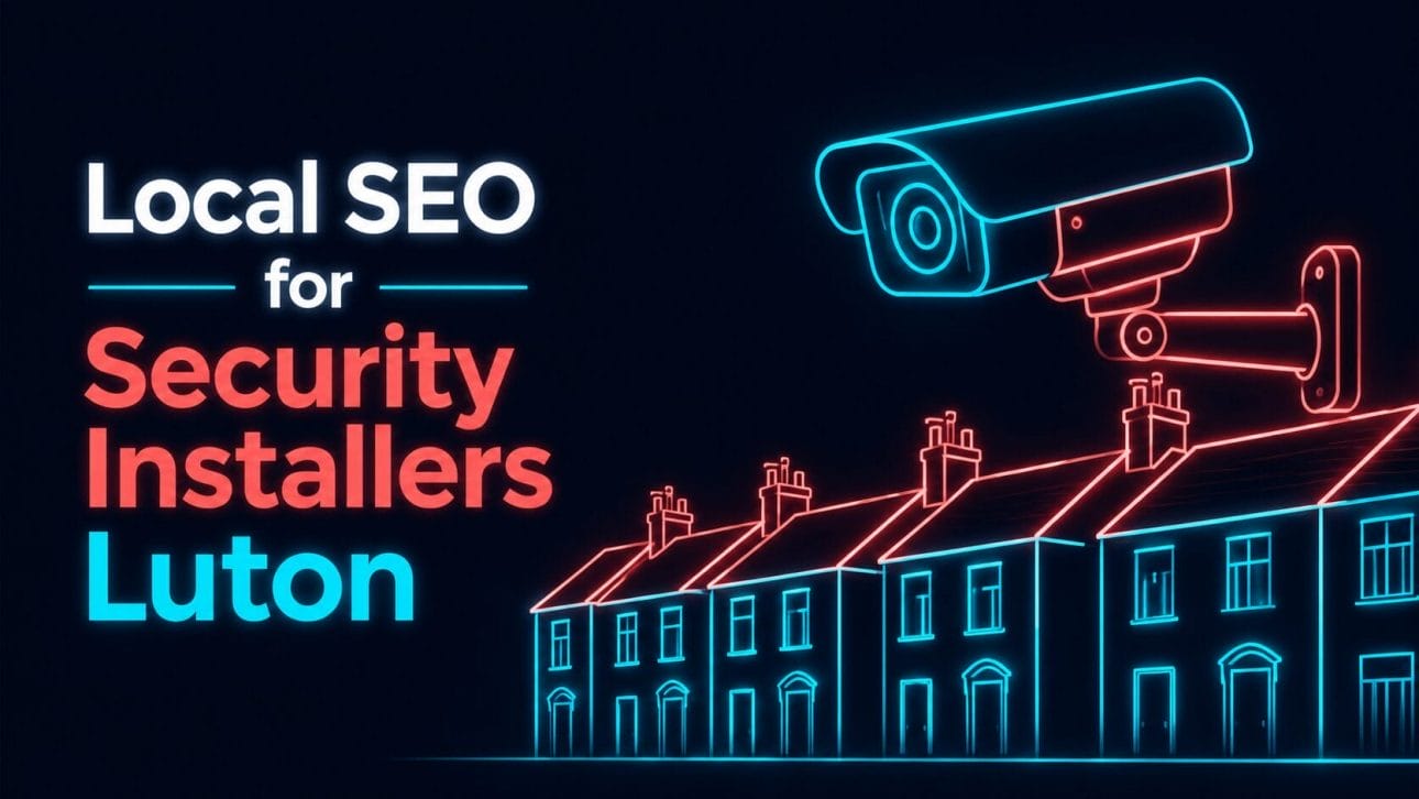 Glowing CCTV camera and terraced housing outline in neon line art, representing local SEO for security installers in Luton.