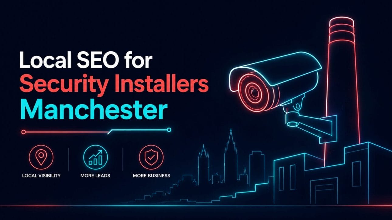 Glowing CCTV camera and industrial chimney silhouette in neon line art, representing local SEO for security installers in Manchester.