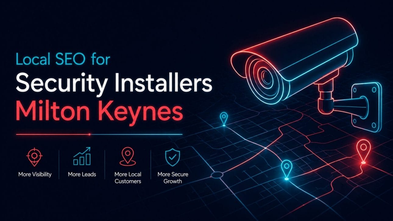Glowing CCTV camera and grid pattern in neon line art, representing local SEO for security installers in Milton Keynes.