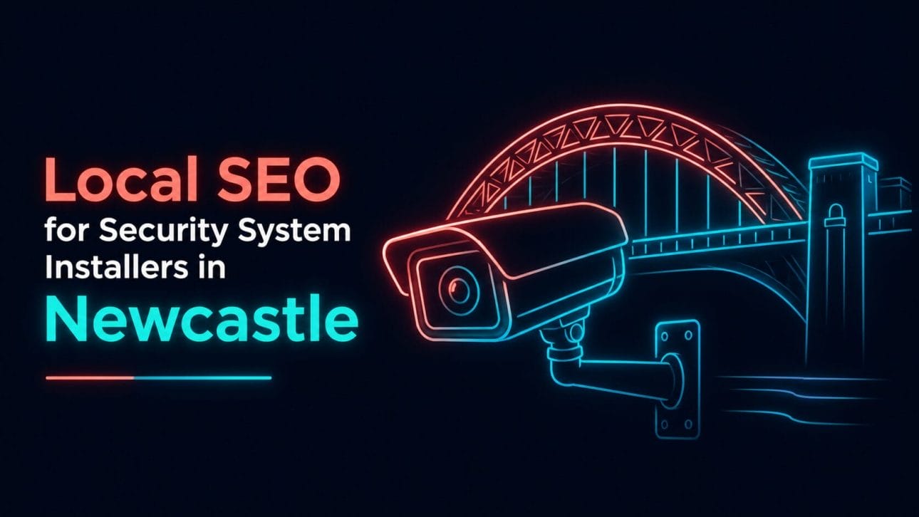 Glowing CCTV camera and bridge arch silhouette in neon line art, representing local SEO for security installers in Newcastle.