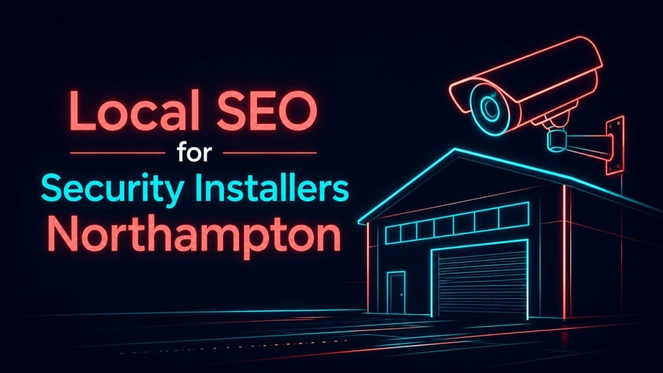 Glowing CCTV camera and warehouse outline in neon line art, representing local SEO for security installers in Northampton.