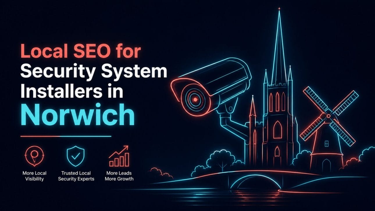 Glowing CCTV camera and cathedral spire and windmill silhouette in neon line art, representing local SEO for security installers in Norwich.