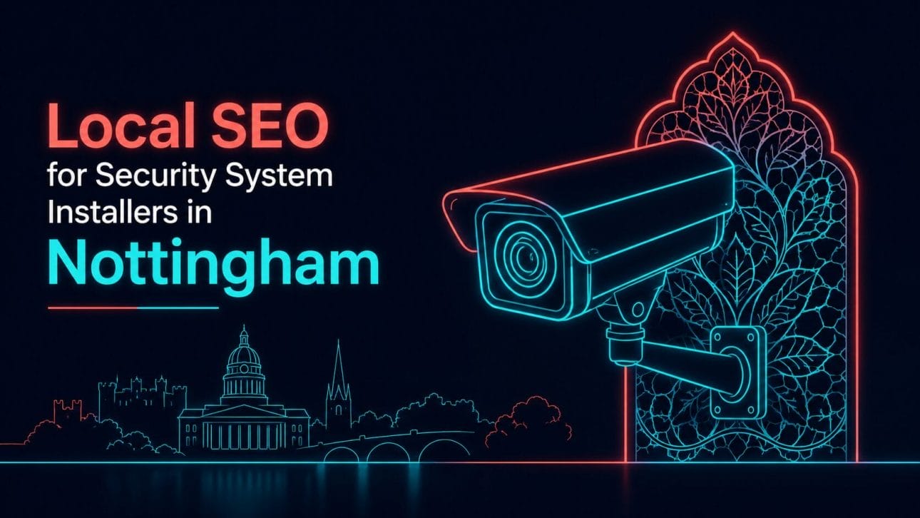 Glowing CCTV camera and lace pattern silhouette in neon line art, representing local SEO for security installers in Nottingham.