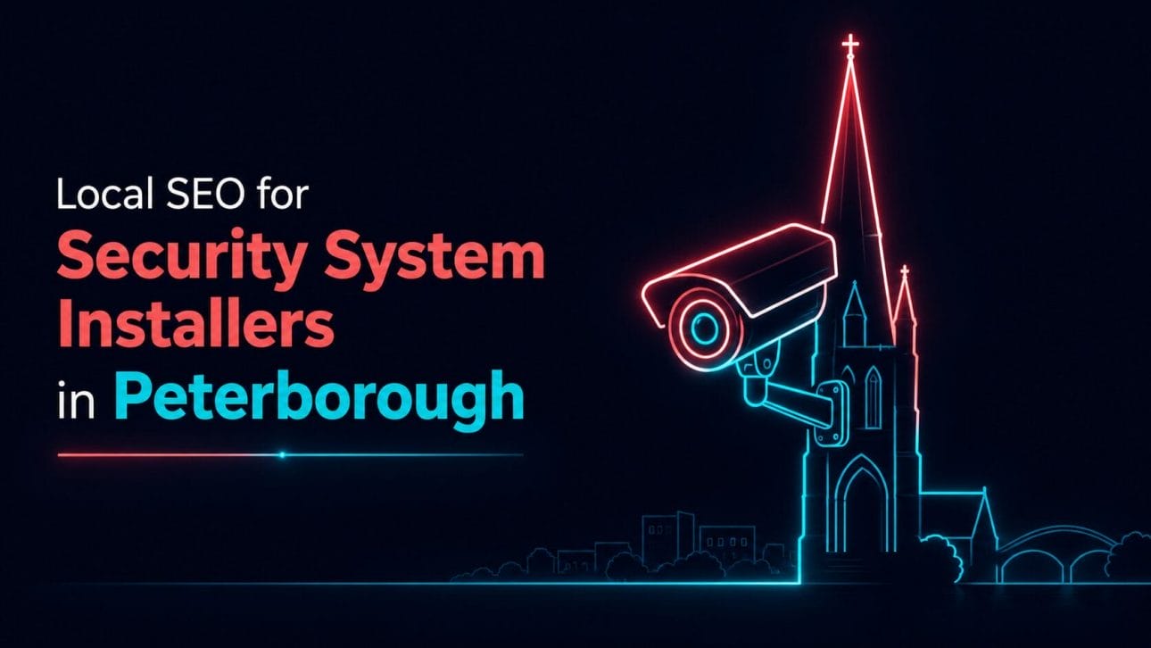 Glowing CCTV camera and cathedral spire silhouette in neon line art, representing local SEO for security installers in Peterborough.