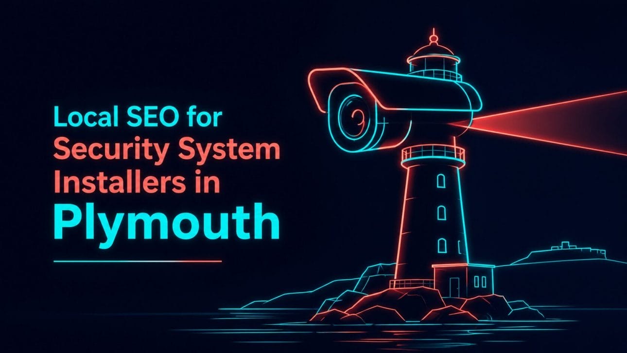 Glowing CCTV camera and lighthouse silhouette in neon line art, representing local SEO for security installers in Plymouth.