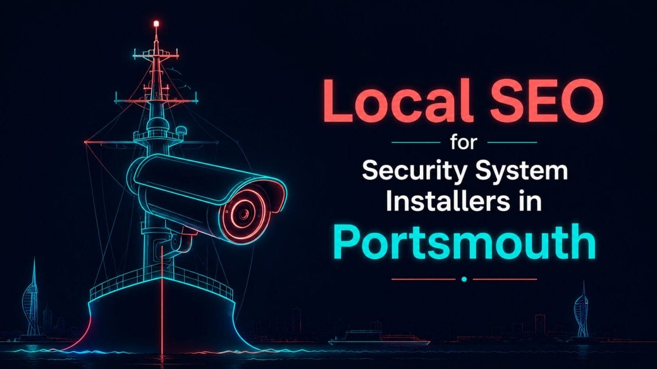 Glowing CCTV camera and naval mast and rigging silhouette in neon line art, representing local SEO for security installers in Portsmouth.