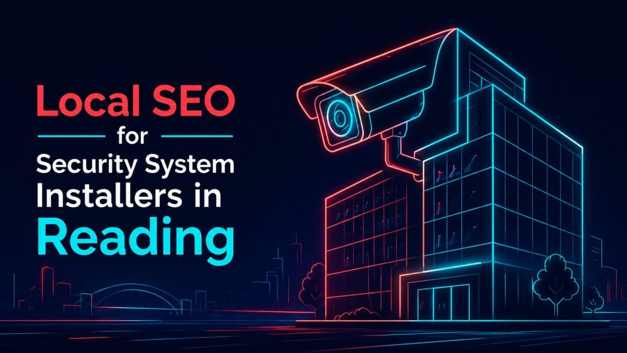 Glowing CCTV camera and glass office block silhouette in neon line art, representing local SEO for security installers in Reading.