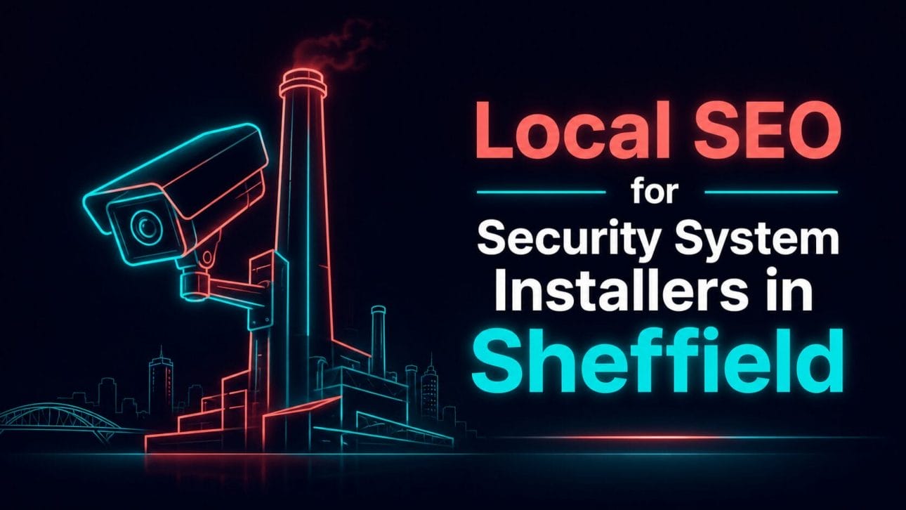 Glowing CCTV camera and steelworks chimney silhouette in neon line art, representing local SEO for security installers in Sheffield.