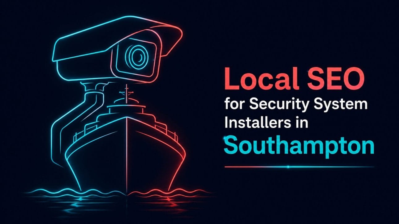 Glowing CCTV camera and ship's hull silhouette in neon line art, representing local SEO for security installers in Southampton.