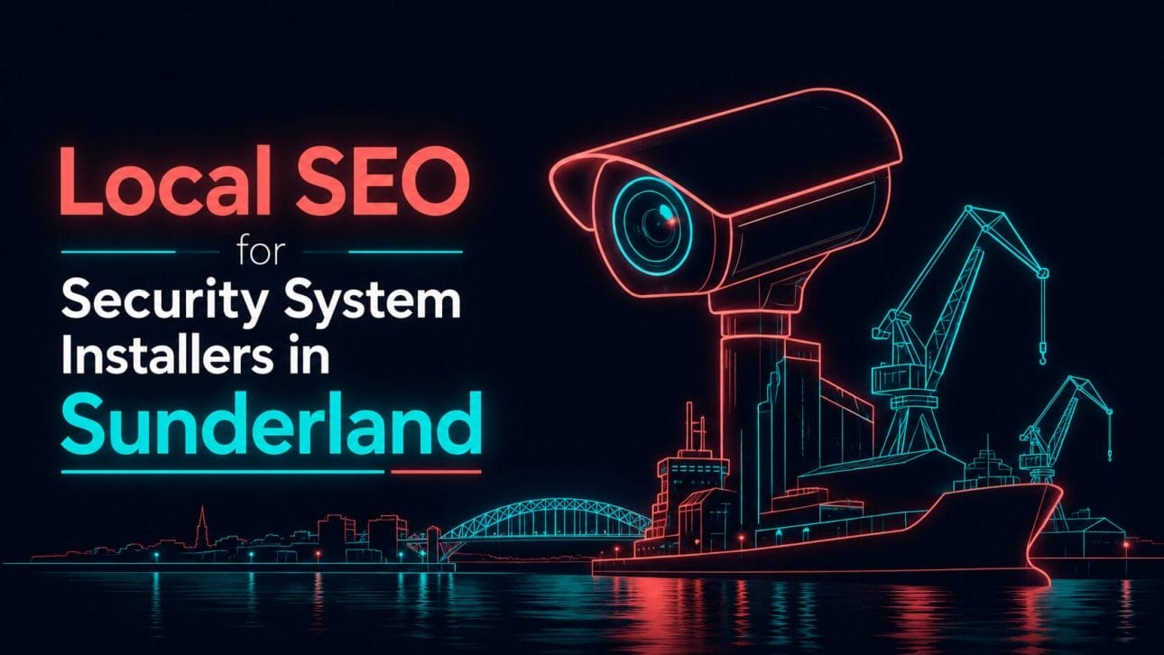 Glowing CCTV camera and riverside shipyard silhouette in neon line art, representing local SEO for security installers in Sunderland.