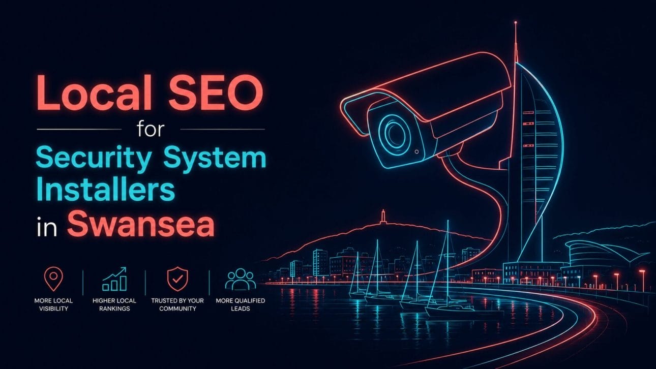 Glowing CCTV camera and curved bay and marina silhouette in neon line art, representing local SEO for security installers in Swansea.