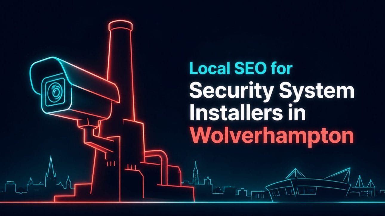 Glowing CCTV camera and foundry chimney silhouette in neon line art, representing local SEO for security installers in Wolverhampton.