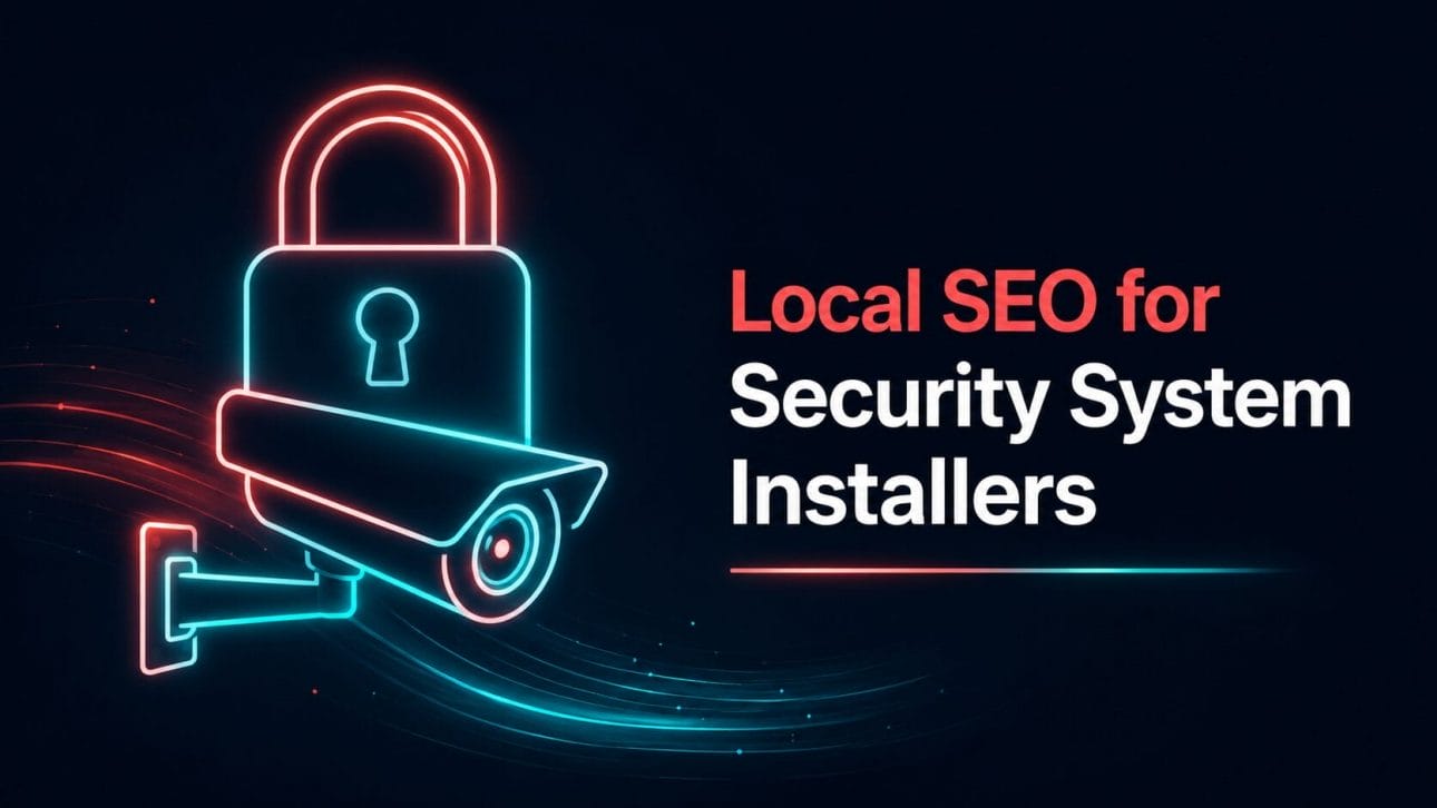 Glowing CCTV camera and lock icon made of neon line art, representing local SEO for security system installers.