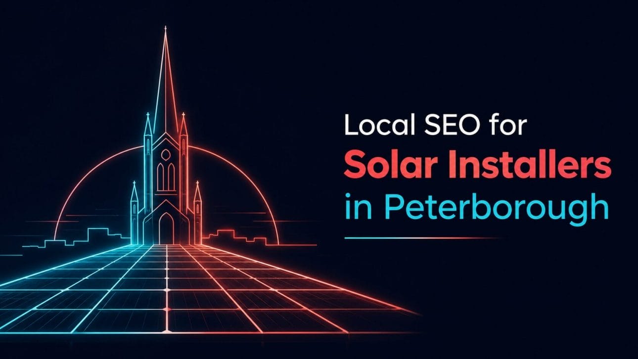 Glowing solar panel grid and cathedral spire silhouette in neon line art, representing local SEO for solar installers in Peterborough.