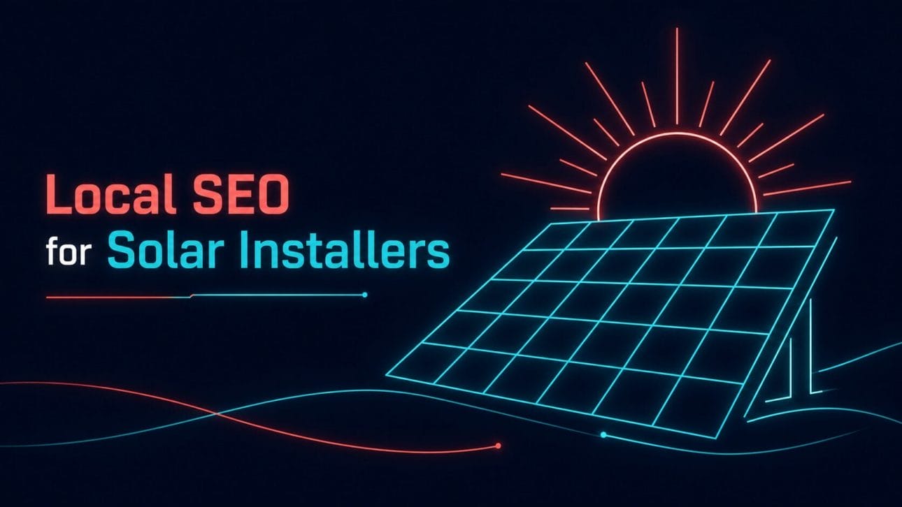 Glowing solar panel grid and sun ray icon in neon line art, representing local SEO for solar installers.
