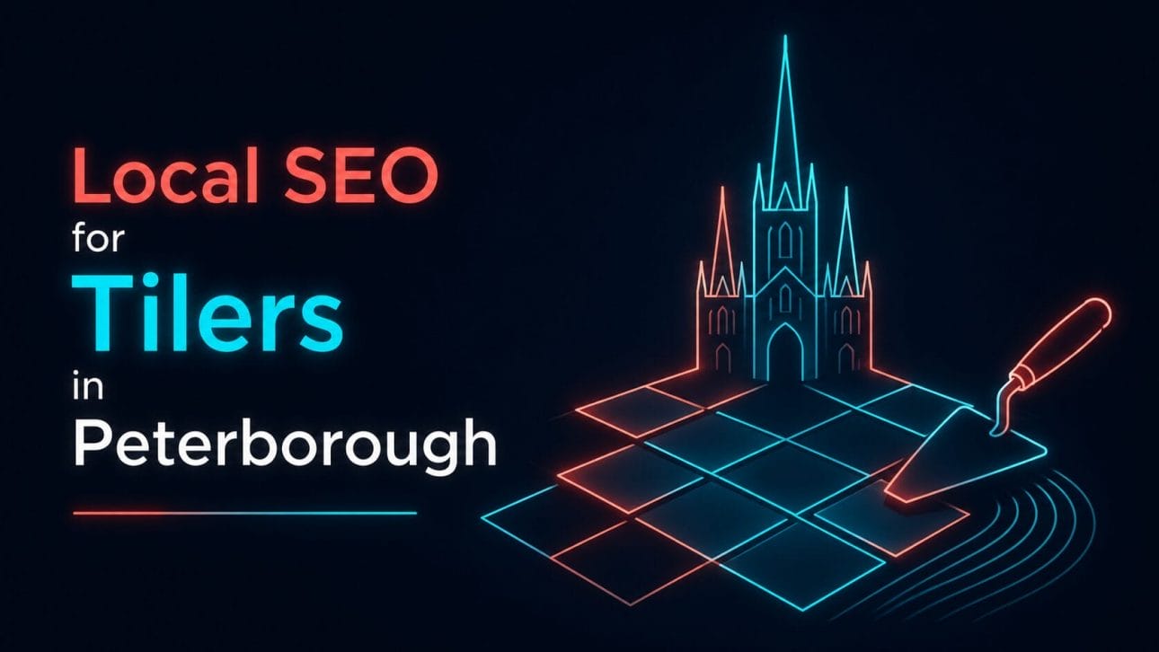 Glowing tile grid pattern and cathedral spire silhouette in neon line art, representing local SEO for tilers in Peterborough.