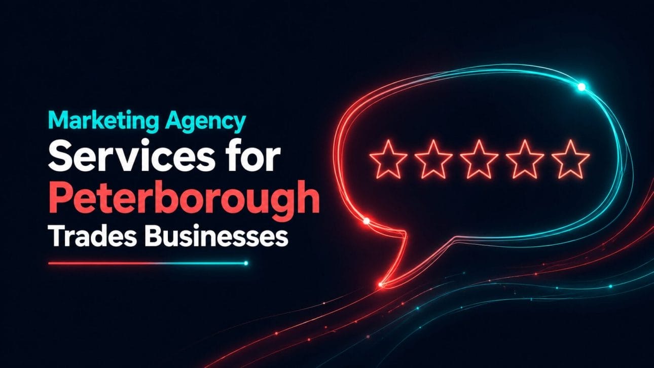Glowing star rating and speech bubble representing marketing agency services for Peterborough trades businesses.