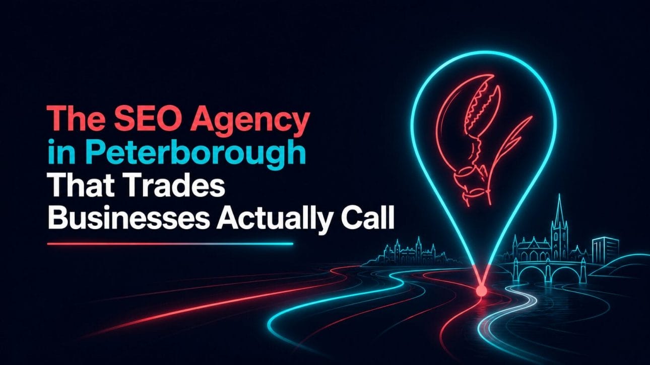 Glowing map pin with a lobster claw motif representing the SEO agency Peterborough trades businesses call.
