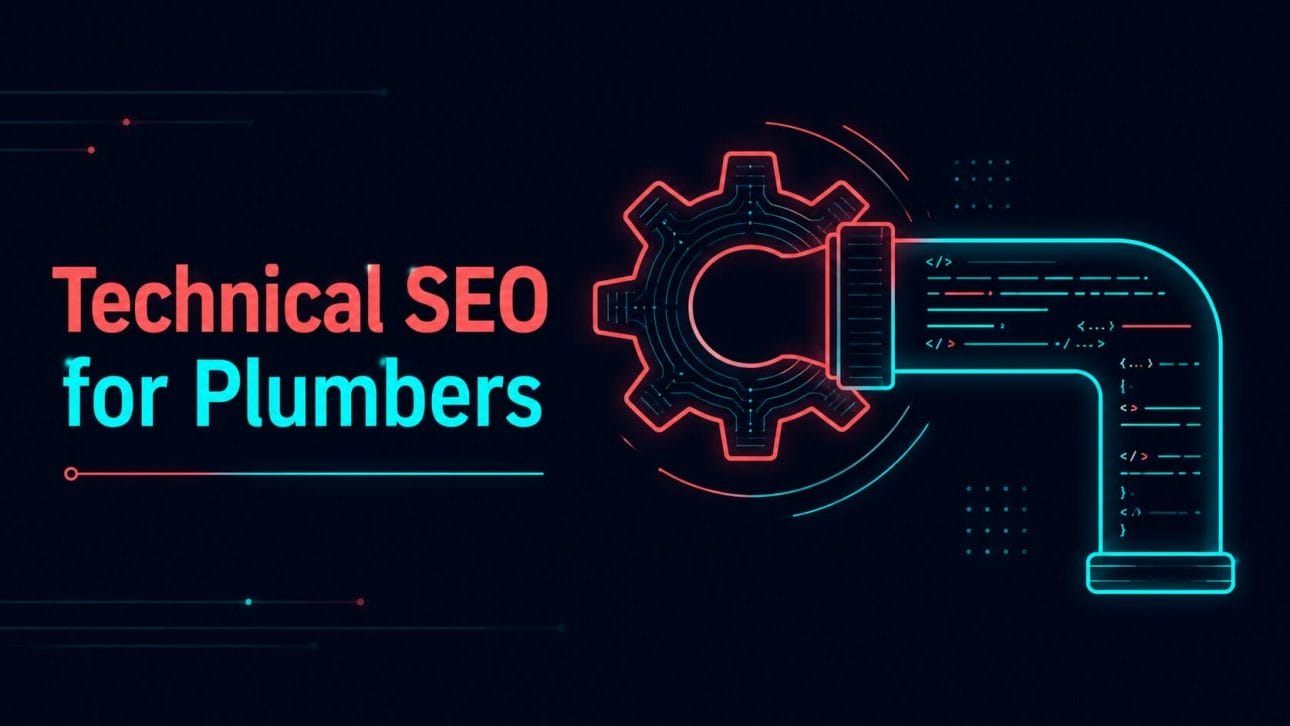 Glowing gear and code icon representing technical SEO for plumbers.