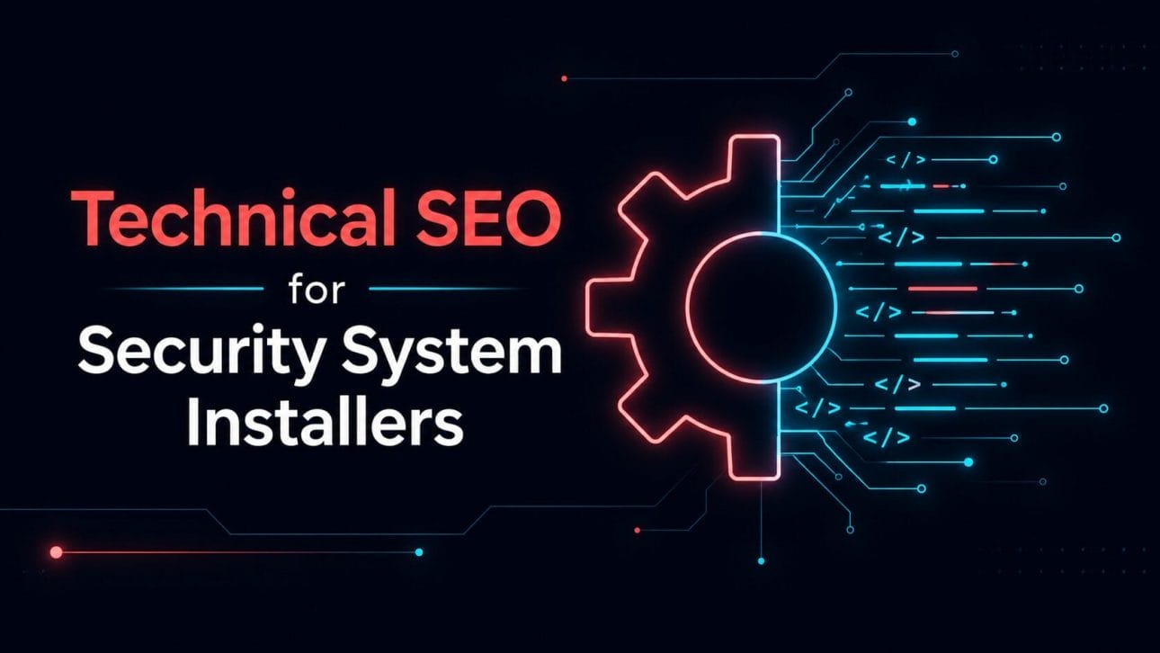 Glowing gear and code icon representing technical SEO for security system installers.