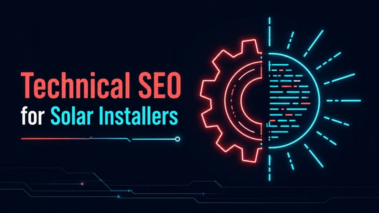 Glowing gear and code icon representing technical SEO for solar installers.