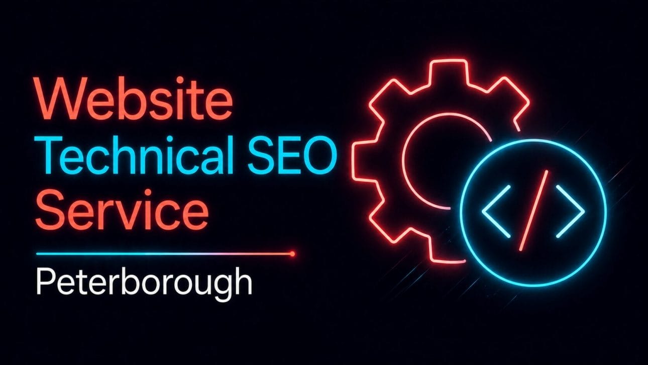 Glowing gear and code bracket icon, representing technical SEO for Peterborough trades businesses.