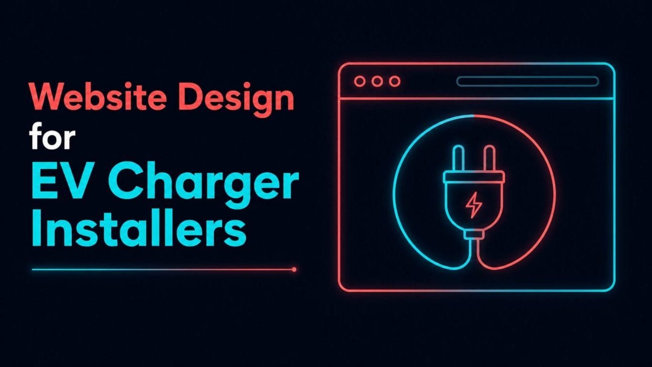 Glowing browser window with an EV plug icon representing website design for EV charger installers.