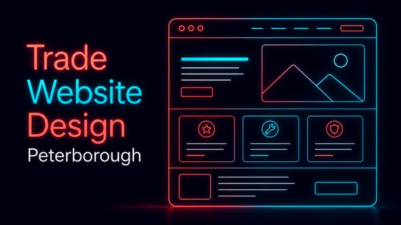 Glowing wireframe of a website homepage layout, representing website design for Peterborough trades businesses.