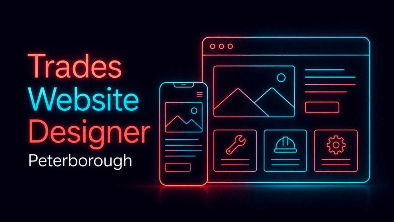 Glowing wireframe of a mobile phone and browser window, representing website design services for Peterborough trades businesses.